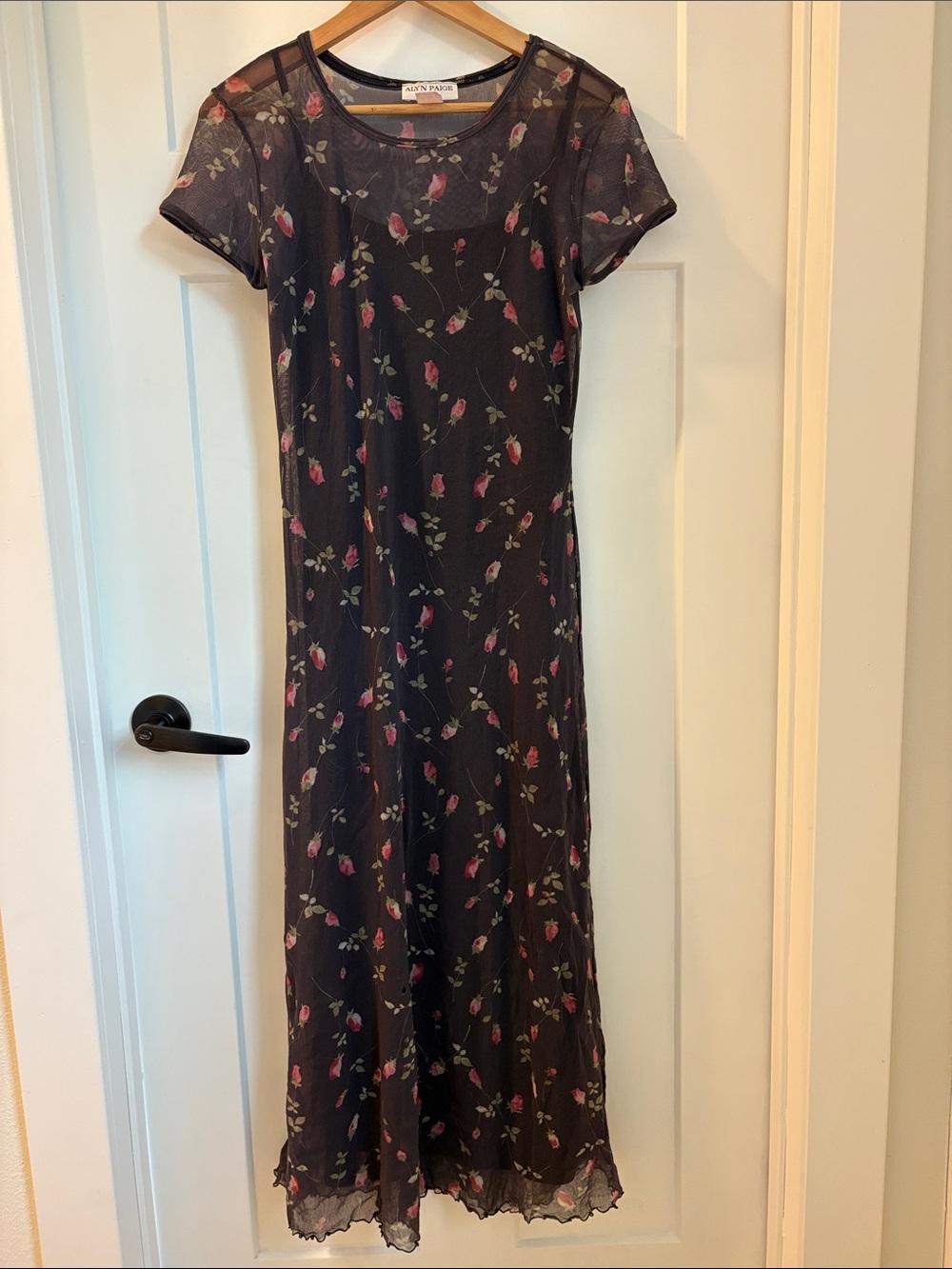 Vintage AlYN PAIGE 2 piece Black Mesh Maxi Dress with Pink Floral Print